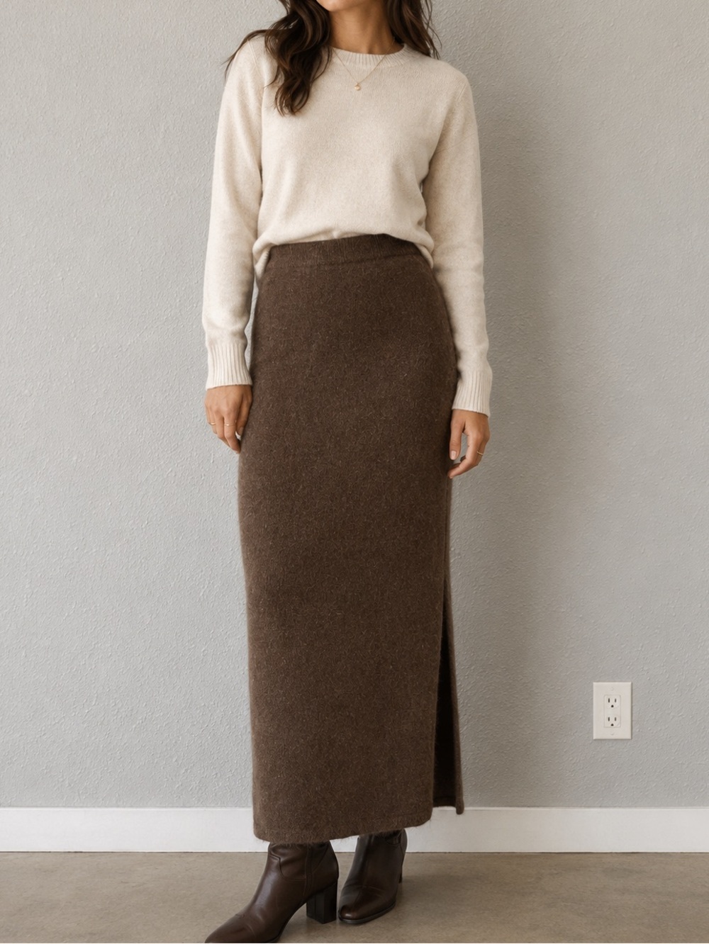 BLANC de CHINE Cozy Lambswool/Angora Chic Tan Maxi Skirt for Women